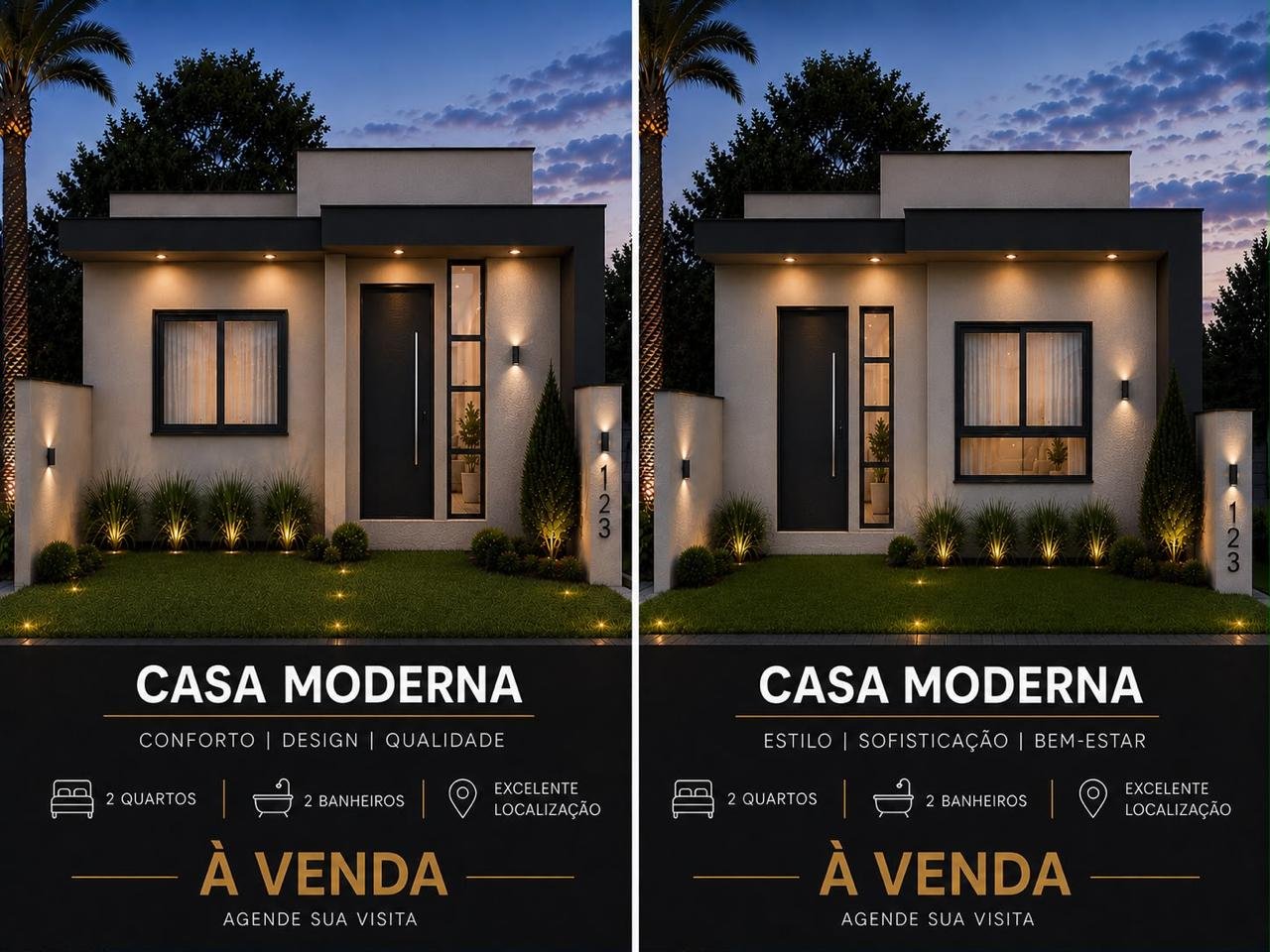 Fachada da casa moderna iluminada ao anoitecer — 2 quartos, 2 banheiros, excelente localização, à venda